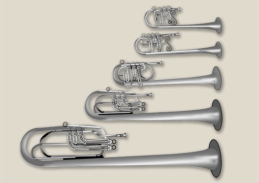 Illustration of a family of Over-the-Shoulder Saxhorns