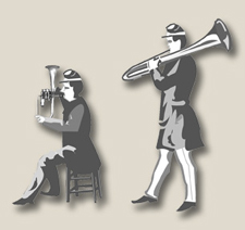 Illustration comparing the positions of over the shoulder vs upright saxhorns